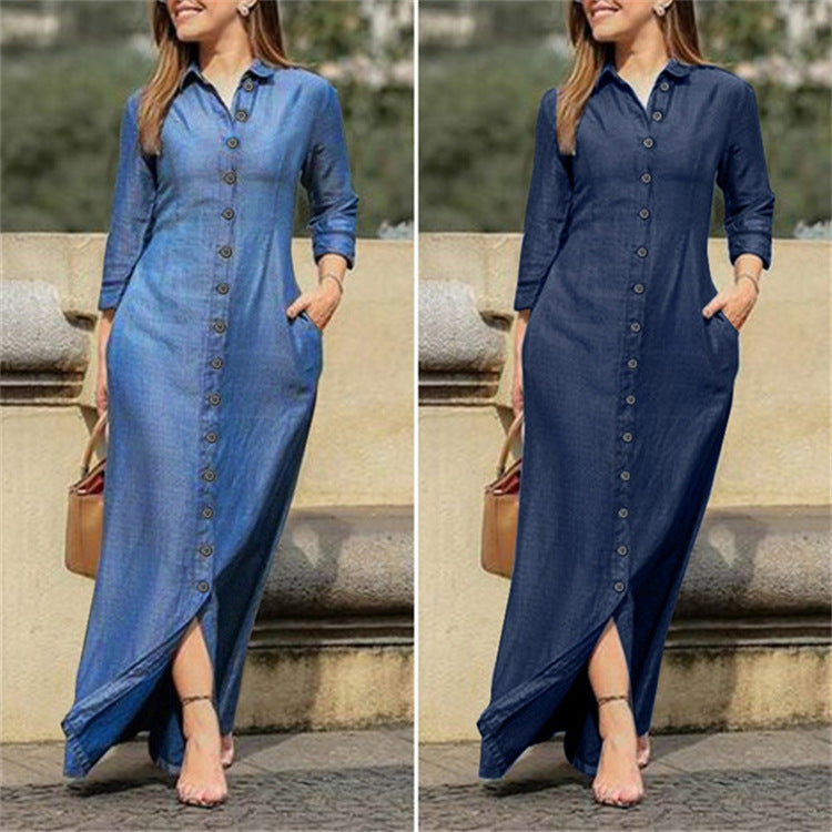 Shirt Collar Denim Button Maxi Dress - Plush Fashions Shop 