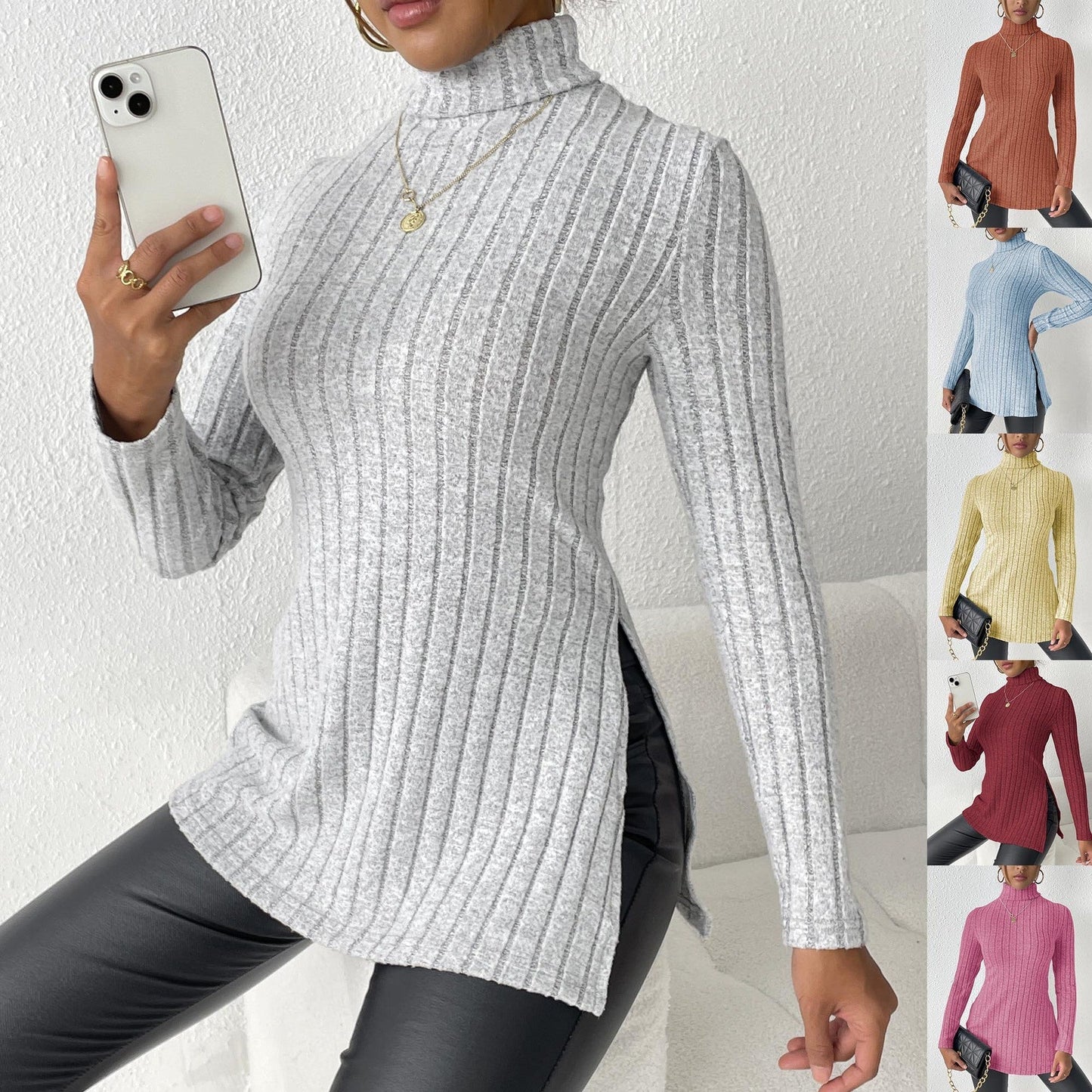 Women's turtleneck pullover sweater in flower gray velvet, regular fit, mid-length design, and available in various colors.