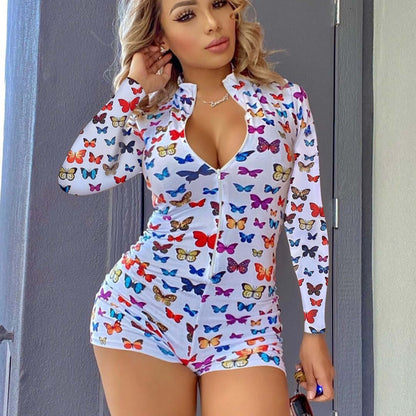 V-neck Printed Sheath Skirt Long Sleeve Jumpsuit - Plush Fashions Shop 