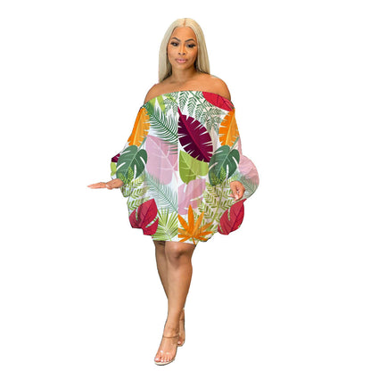 Off Shoulder Satin Printed Bat Sleeve Dress - Plush Fashions Shop 