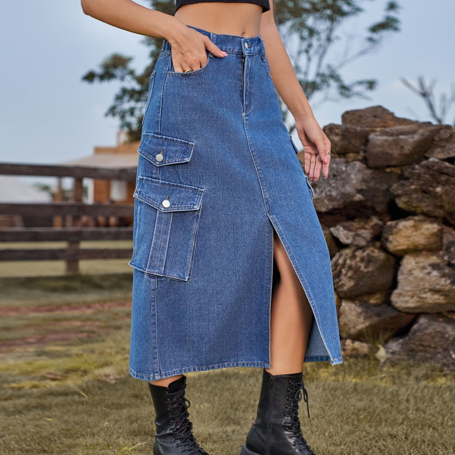 Women's Denim Cargo Casual Skirt - Plush Fashions Shop 