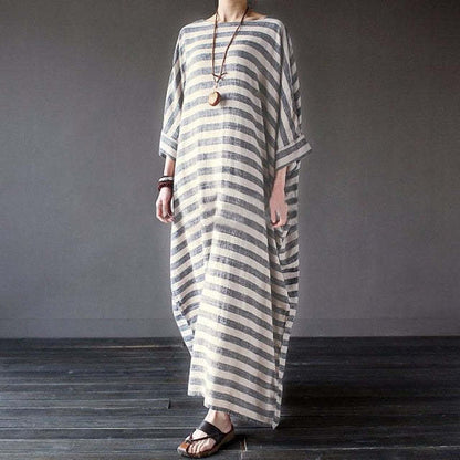 Cotton And Linen Stripes Loose Plus Size Long Dress - Plush Fashions Shop 