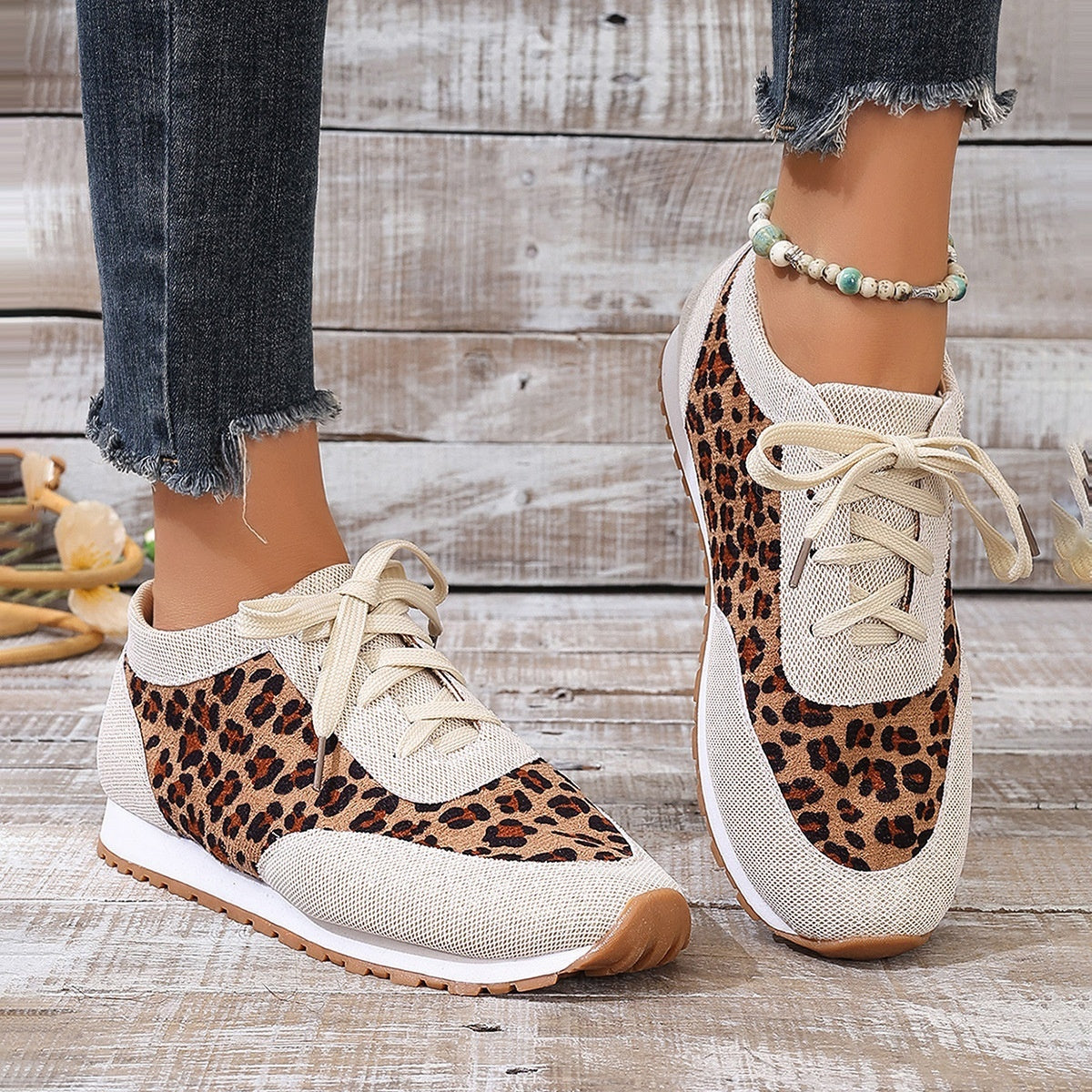 Flat Bottomed Leopard Print Lace Up Casual Sports Shoes - Plush Fashions Shop 