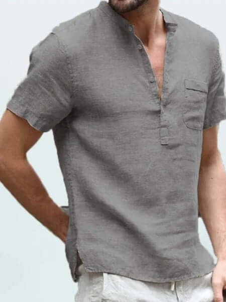 Casual Linen Solid Color Shirt Button V Neck Men Summer Tops - Plush Fashions Shop 