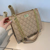 Women's tote handbag in khaki with gold chain, large-capacity stylish design.