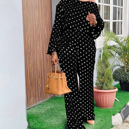 Polka Dot Printed Long-sleeved Trousers Casual Fashion Loose Shoulder Suit - Plush Fashions Shop 