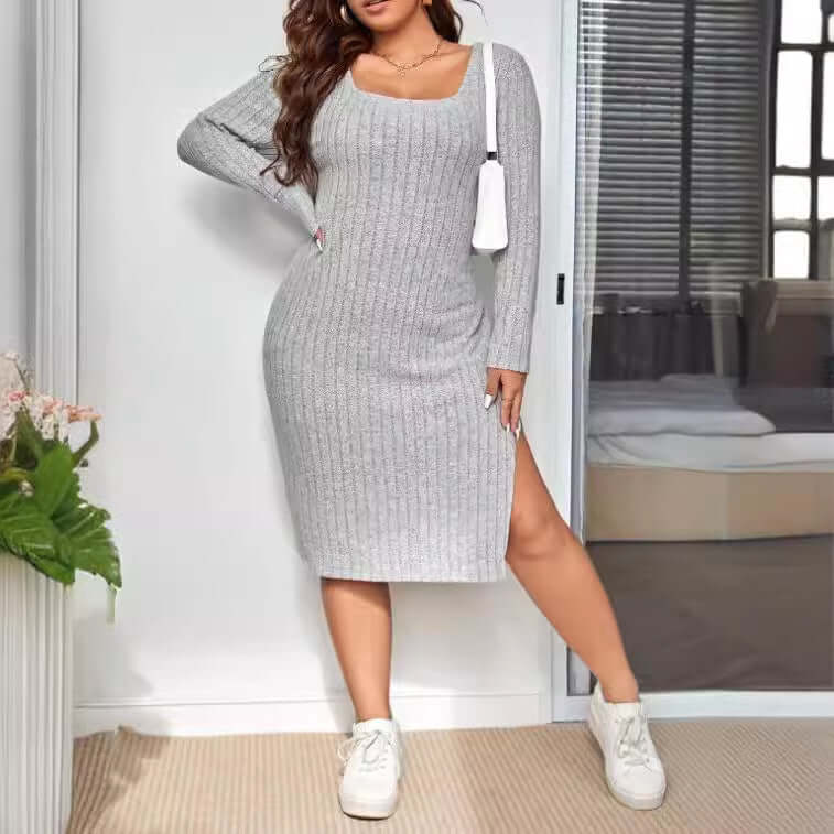 Long Sleeve Narrow Slit-fitting Sunken Stripe Knitted Dress