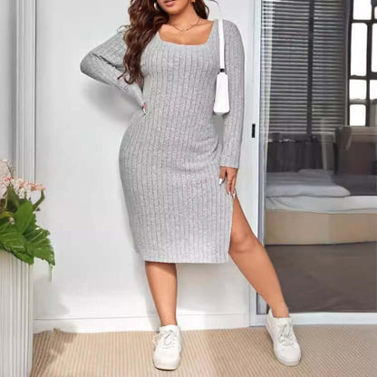 Long Sleeve Narrow Slit-fitting Sunken Stripe Knitted Dress