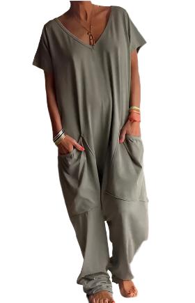 Womens Solid Color V-neck Oversized Pocket Jumpsuit - Plush Fashions Shop 