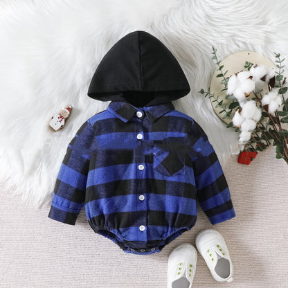 Baby Plaid Button Hooded Jumpsuit - Plush Fashions Shop 