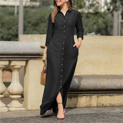 Shirt Collar Denim Button Maxi Dress - Plush Fashions Shop 