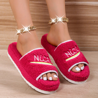 Peep Toe House Slippers For Women Winter Furry Shoes - Plush Fashions Shop 