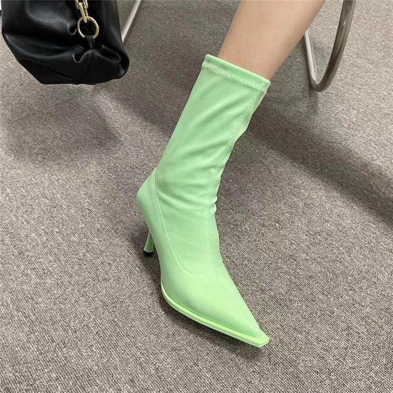 Fruit Color Pointed Toe Short Boots Women Stiletto High Heel Boots - Plush Fashions Shop 