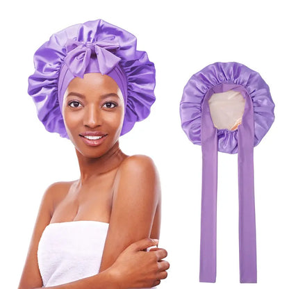 "AWAYTR Double Layered Satin Night Caps for Women - Silk Bonnet Hair Care Sleeping Hat with Elastic Tie Band"