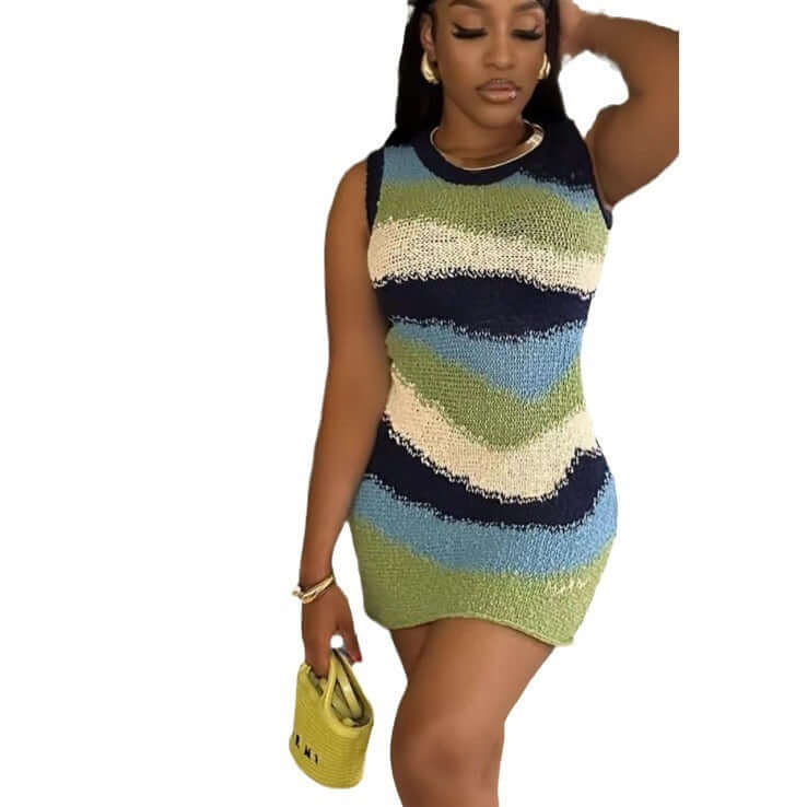 Sleeveless Contrast Color Knitted High Waist Slim Short Dress - Plush Fashions Shop 