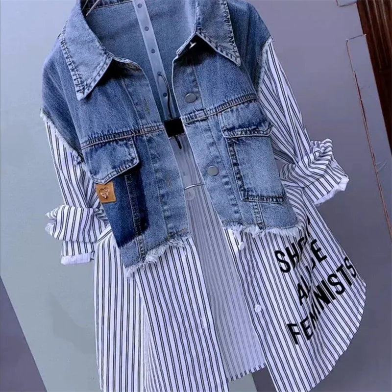 New Design Sense Stitching Women Fashion Striped Denim Jacket - Plush Fashions Shop 